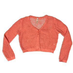 Girl's Crochet Cropped Cardigan Sweater Size Sm 7 Knit Button Closure Coral